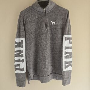 Victorias Secret VS Pink 1/4 Quarter Zip Gray Hoodie Logo Sweatshirt  Medium